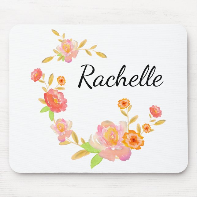 Girly Orange & Pink Floral Monogrammed Mouse Pad (Front)