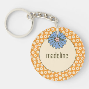 Girly Orange Retro Flower Pattern Key Ring