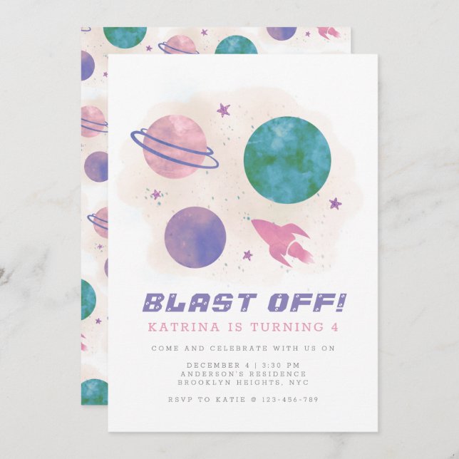 Girly Outer Space Galaxy Planet 4th Birthday Invitation (Front/Back)