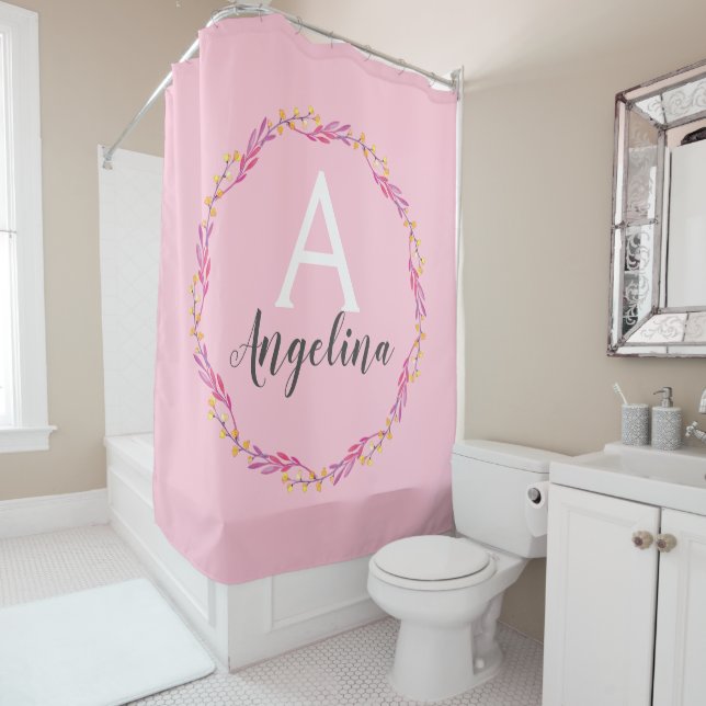 Girly Pale Blush Pink Floral Wreath Monogram Name Shower Curtain (In Situ)