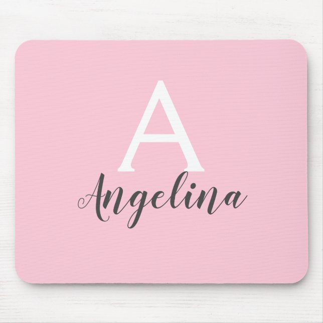 Girly Pale Blush Pink White & Grey Monogram Name Mouse Pad (Front)