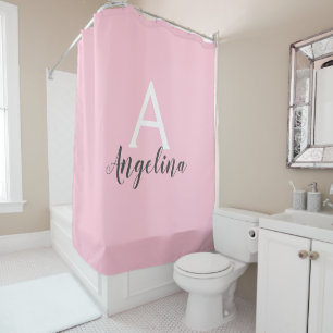 Girly Pale Blush Pink White & Grey Monogram Name Shower Curtain