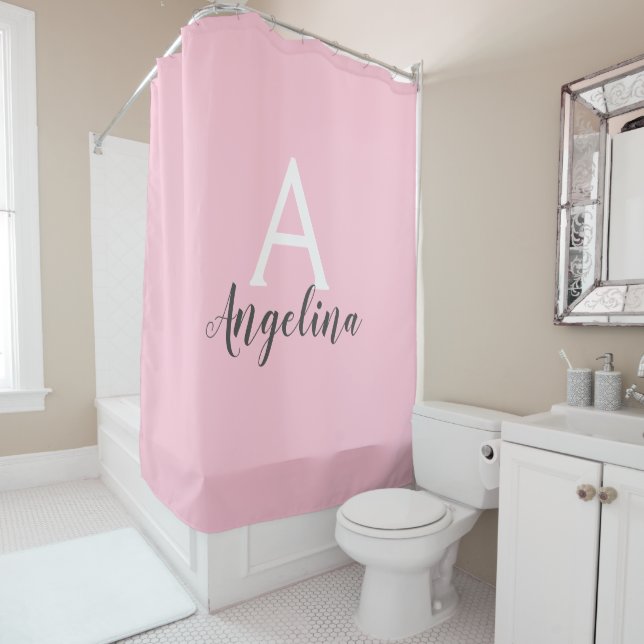 Girly Pale Blush Pink White & Grey Monogram Name Shower Curtain (In Situ)