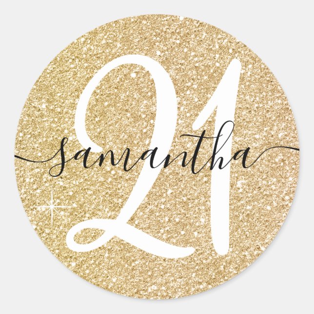 Girly Pale Faux Gold Glitter Personalised 21 Classic Round Sticker (Front)