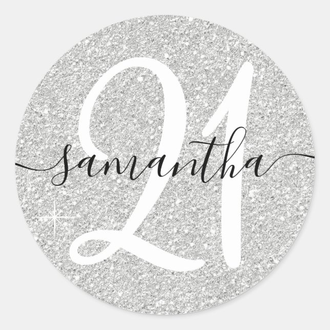 Girly Pale Faux Silver Glitter Personalised 21 Classic Round Sticker (Front)