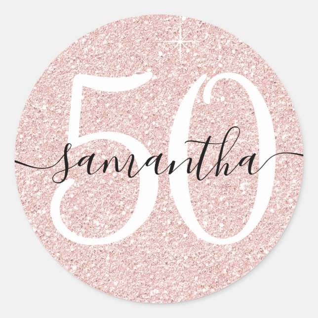 Girly Pale Rose Gold Faux Glitter Personalised 50 Classic Round Sticker (Front)