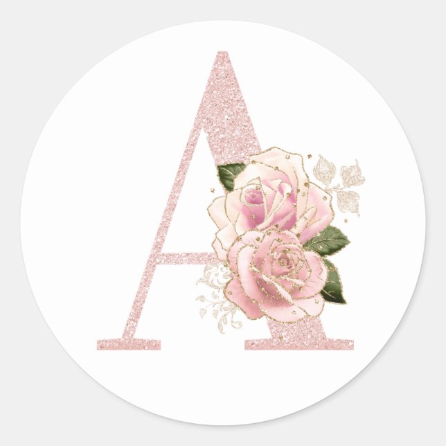 Girly Pale Rose Gold Glitter Floral Monogram A Classic Round Sticker (Front)