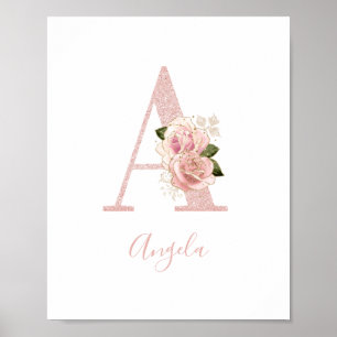 Girly Pale Rose Gold Glitter Floral Monogram A Poster