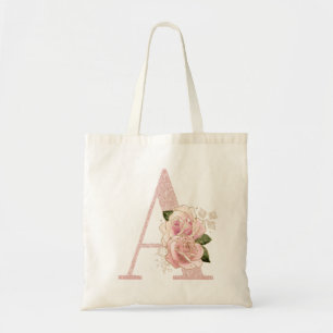 Girly Pale Rose Gold Glitter Floral Monogram A Tote Bag