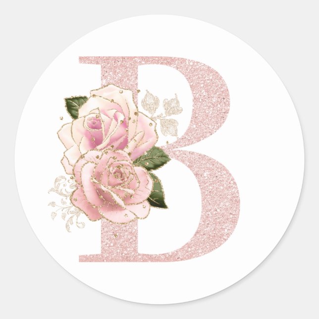 Girly Pale Rose Gold Glitter Floral Monogram B Classic Round Sticker (Front)