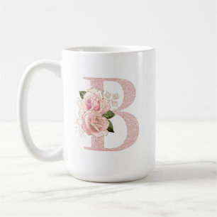 Girly Pale Rose Gold Glitter Floral Monogram B Coffee Mug