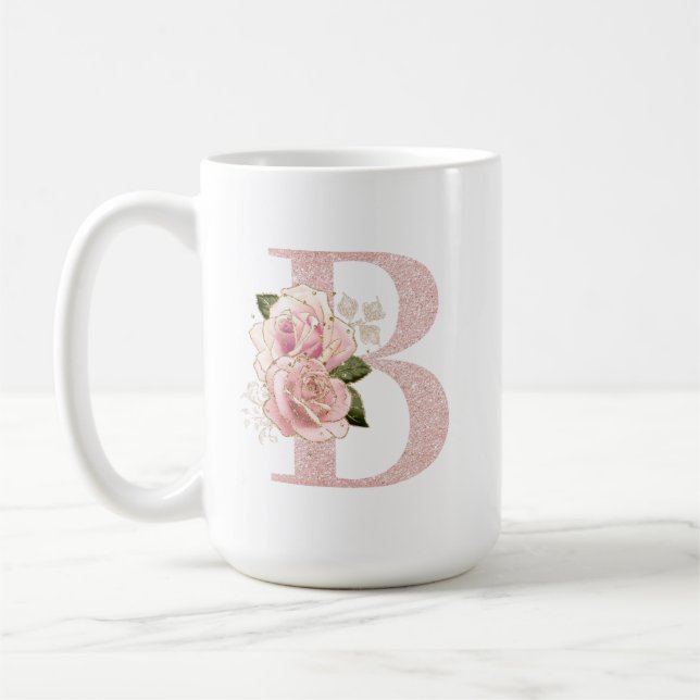 Girly Pale Rose Gold Glitter Floral Monogram B Coffee Mug (Left)