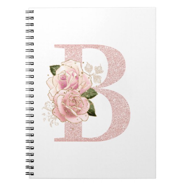 Girly Pale Rose Gold Glitter Floral Monogram B Notebook (Front)
