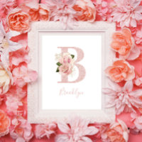 Girly Pale Rose Gold Glitter Floral Monogram B