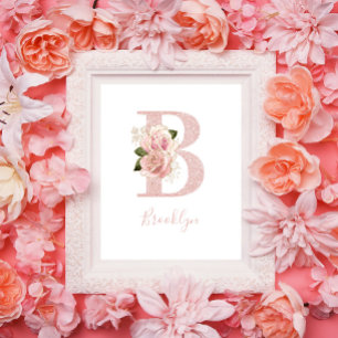 Girly Pale Rose Gold Glitter Floral Monogram B Poster