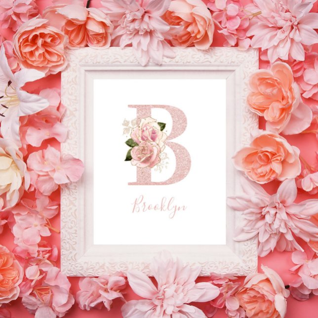 Girly Pale Rose Gold Glitter Floral Monogram B Poster (Floral B Monogram Poster)