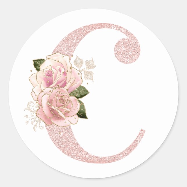 Girly Pale Rose Gold Glitter Floral Monogram C Classic Round Sticker (Front)
