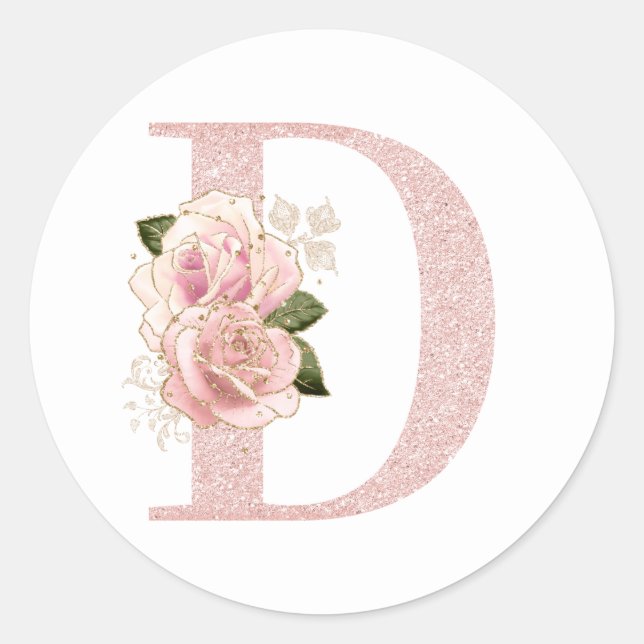 Girly Pale Rose Gold Glitter Floral Monogram D Classic Round Sticker (Front)