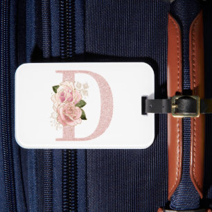 Girly Pale Rose Gold Glitter Floral Monogram D Luggage Tag