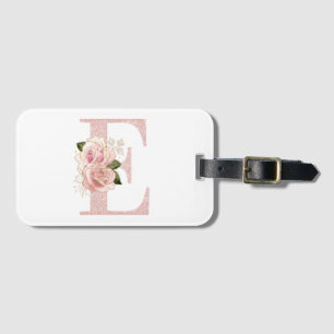 Girly Pale Rose Gold Glitter Floral Monogram E Luggage Tag