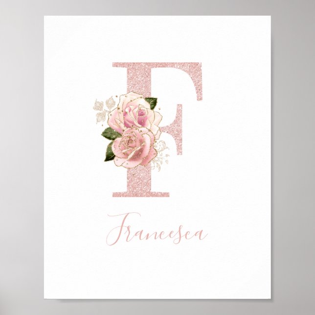 Girly Pale Rose Gold Glitter Floral Monogram F Poster (Front)