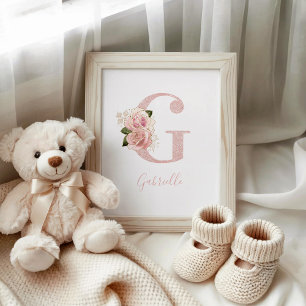 Girly Pale Rose Gold Glitter Floral Monogram G Poster