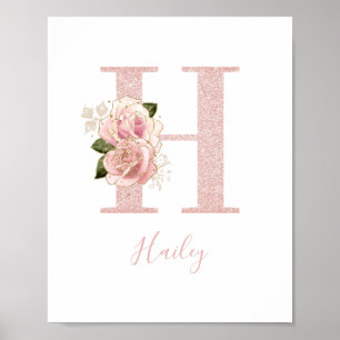 Girly Pale Rose Gold Glitter Floral Monogram H Poster
