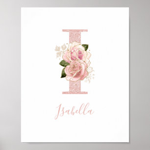 Girly Pale Rose Gold Glitter Floral Monogram I Poster