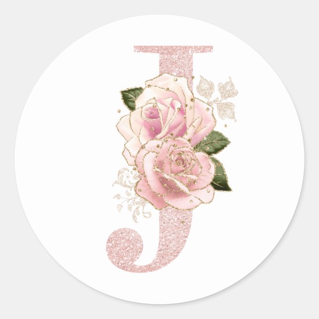 Girly Pale Rose Gold Glitter Floral Monogram J Classic Round Sticker (Front)