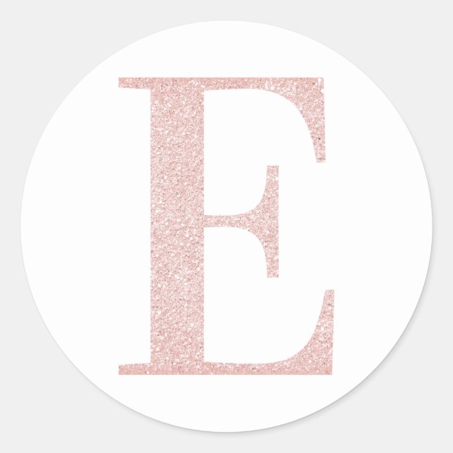 Girly Pale Rose Gold Glitter Monogram E Classic Round Sticker (Front)