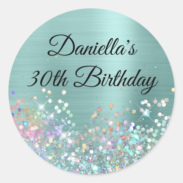 Girly Pale Turquoise Foil Holo Glitter Birthday Classic Round Sticker (Front)