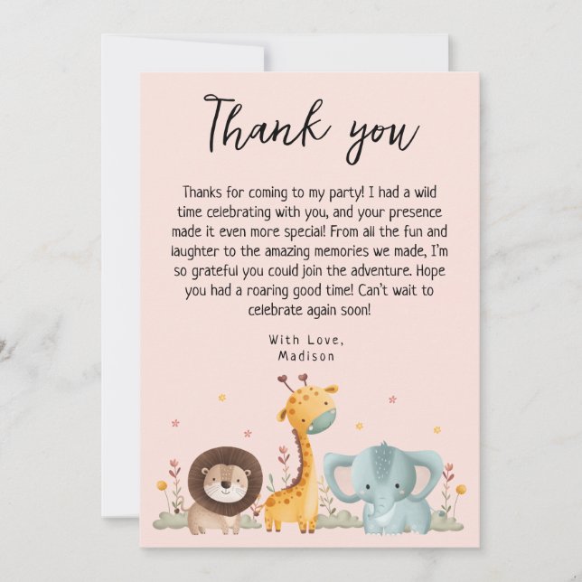 Girly Party Wild Animals Birthday  Thank You Card (Front)