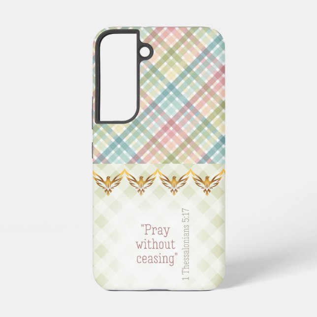 Girly Pastel and Green Plaid Gold Doves Faith Samsung Galaxy S22 Case (Back)