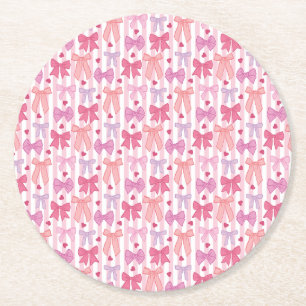 Girly Pastel Bows and Stripes Round Paper Coaster
