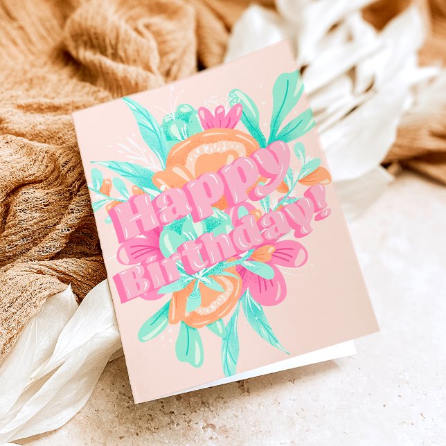 Girly pastel floral birthday photo calligraphy card (Creator Uploaded)