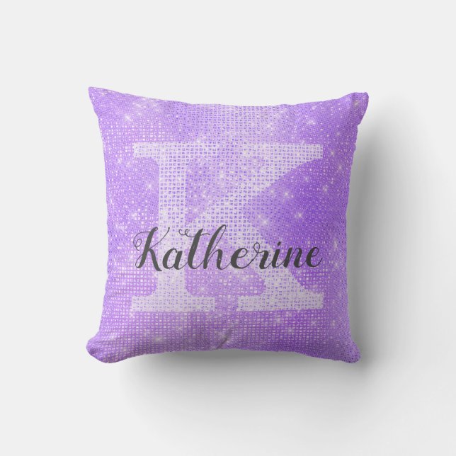 Girly Pastel Lavender Purple Sparkle Monogram Name Cushion (Front)
