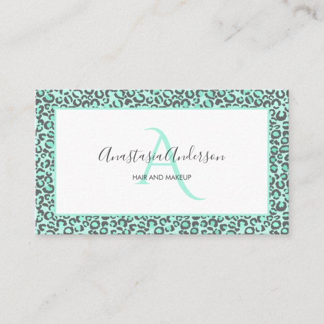 Girly Pastel Mint Green Fun Leopard Spots Monogram Business Card (Front)
