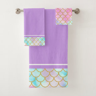 Girly Pastel Ombre Gold Glitter Mermaid Bath Towel Set