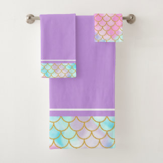 Girly Pastel Ombre Gold Glitter Mermaid Bath Towel Set