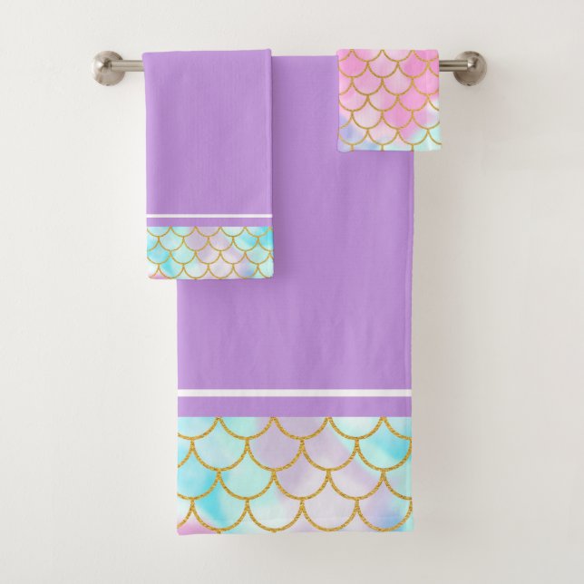 Girly Pastel Ombre Gold Glitter Mermaid Bath Towel Set (Insitu)