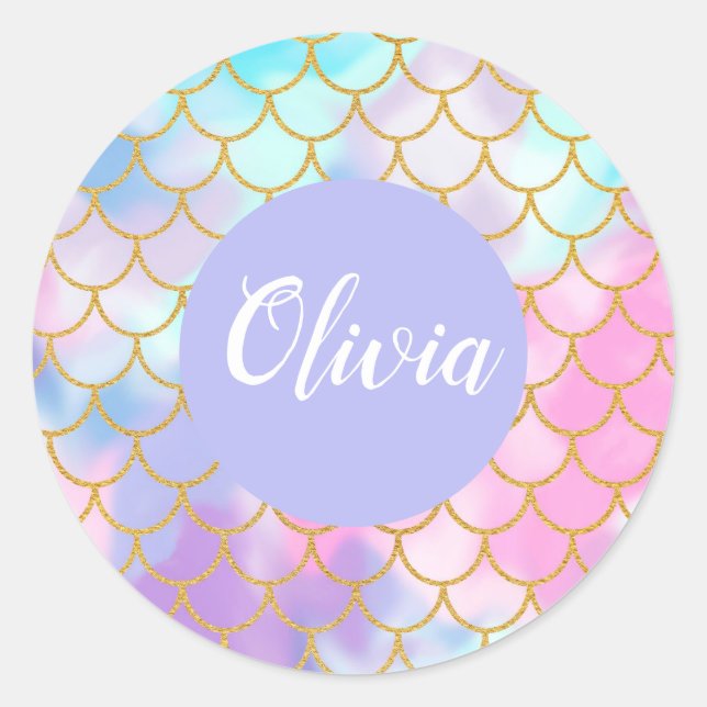 Girly Pastel Ombre Gold Glitter Mermaid Monogram Classic Round Sticker (Front)