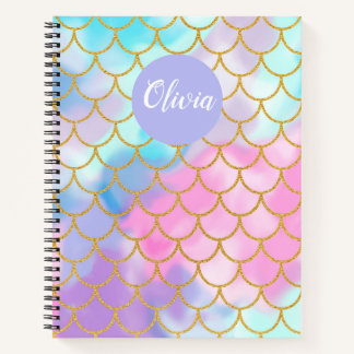 Girly Pastel Ombre Gold Glitter Mermaid Monogram Notebook