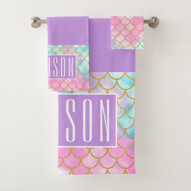 Girly Pastel Ombre Gold Glitter Mermaid Name Bath Towel Set (Insitu)