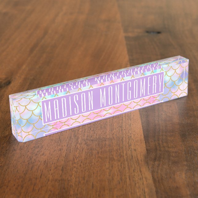 Girly Pastel Ombre Gold Glitter Mermaid Name Nameplate (Side)