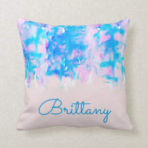 Girly Pastel Pink Blue Watercolor Paint Monogram Cushion