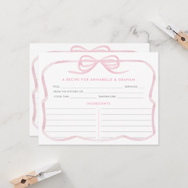 Girly Pastel Pink Bow Bridal Shower Recipe Card (Front/Back In Situ)