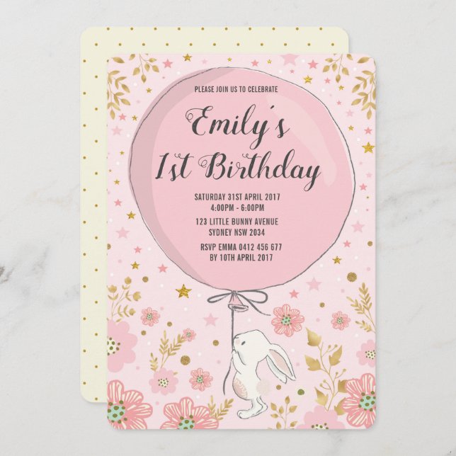 Girly Pastel Pink Bunny Rabbit Birthday Party Invitation (Front/Back)