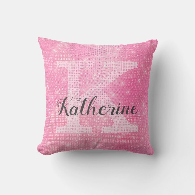 Girly Pastel Pink Cute Glam Sparkle Monogram Name Cushion (Front)
