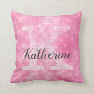 Girly Pastel Pink Cute Glam Sparkle Monogram Name Cushion