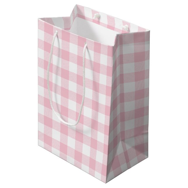 Girly Pastel Pink Gingham Plaid Medium Gift Bag (Front Angled)